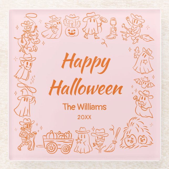 Rosa Orange Quirky Hand Drawn Scribles Halloween Glasuntersetzer (Vorderseite)
