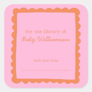 Rosa orange Rand Baby-Shower-Bibliotheks-Exlibris Quadratischer Aufkleber