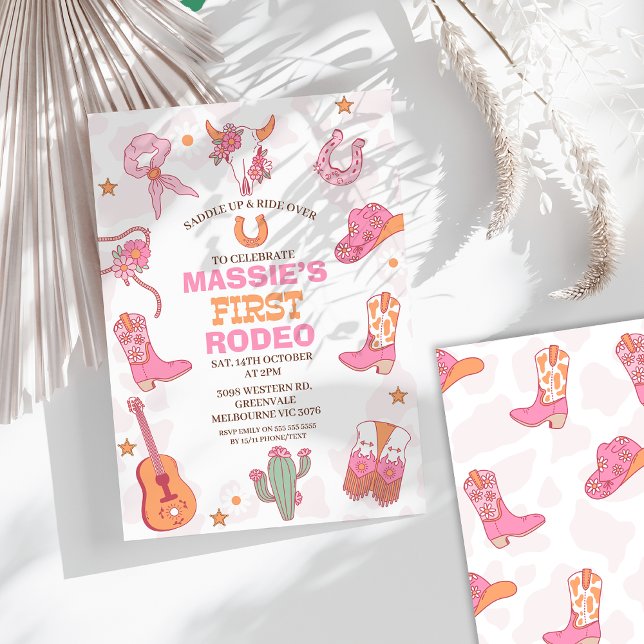 Rosa Orange Retro 1. Rodeo Geburtstag Einladung (Girls First Rodeo Birthday Invitation Cowgirl 1st Birthday Invitation Retro Pink Orange Wild West )