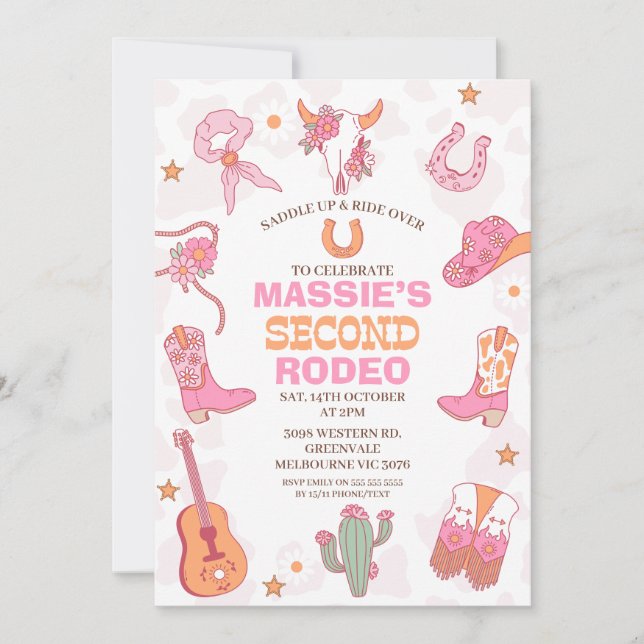Rosa Orange Retro 2. Rodeo Geburtstag  Einladung (Vorderseite)