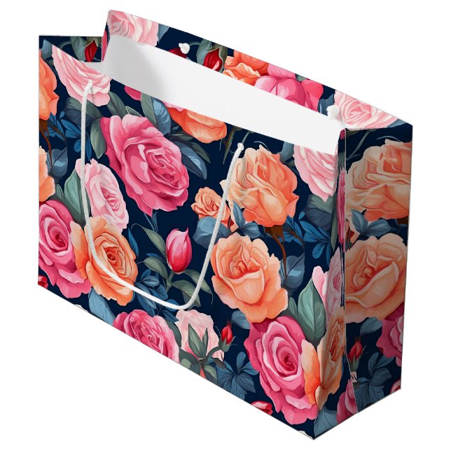 Rosa Orange Rose Muster Chiffon Große Geschenktüte (Vorderseite Schrägansicht)