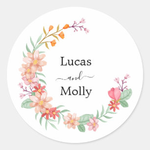 Rosa & Orange Sommer Blumen Hochzeit Runder Aufkleber