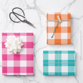 Rosa Orange und Blue Gingham Karo Kariert Geschenkpapier Set