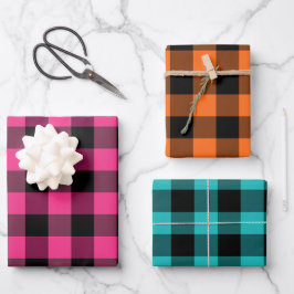 Rosa Orange und Blue Gingham Karo Kariert Geschenkpapier Set