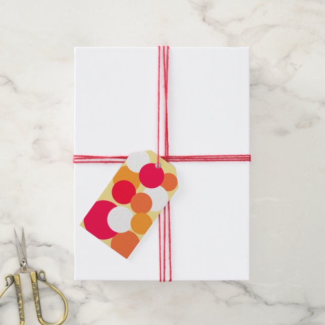 Rosa, orange und gelbe Polka-Punkte Geschenkanhänger (Mit Garn)