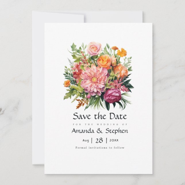 Rosa, orange und grüne Blumenhochzeit Save The Date (Vorderseite)