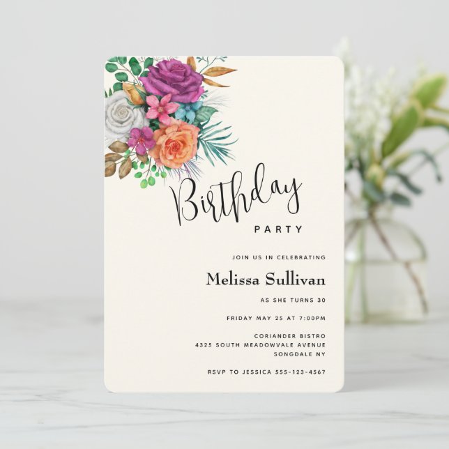 Rosa, Orange und Weiße Rosen Blumenstrauß Geburtst Einladung (Stehend Vorderseite)