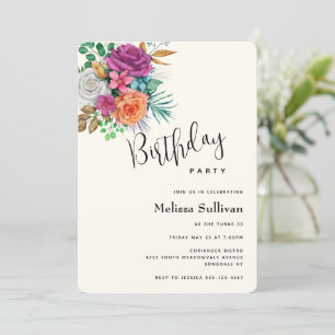 Rosa, Orange und Weiße Rosen Blumenstrauß Geburtst Einladung