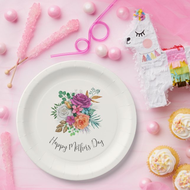 Rosa, Orange und Weiße Rosen Blumenstrauß Pappteller (Party)