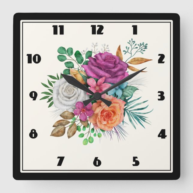 Rosa, Orange und Weiße Rosen Blumenstrauß Quadratische Wanduhr (Vorderseite)