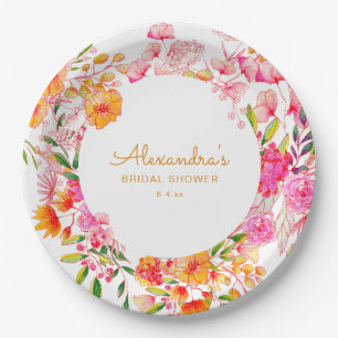 Rosa-orange Wasserfarben-Wildblumen-Brautjunggesel Pappteller