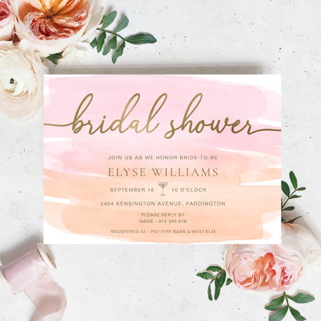 Rosa Orange Watercolor Gold Brautparty Einladung (Bridal Shower Invitation Peach Pink Watercolour Gold )