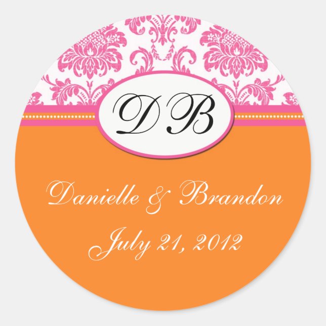 Rosa Orange Wedding Monogram Damask Siegel Runder Aufkleber (Vorderseite)