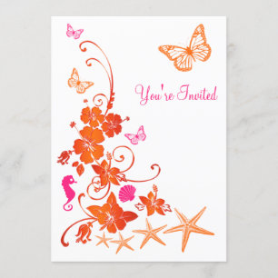 Rosa, orange, weißer tropischer Strand Post Hochze Einladung