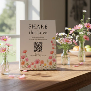 Rosa Orange Wilde Blumen Hochzeits-QR-Code Sockelschild