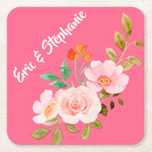 Rosa-orangefarbene Aquarell-Hochzeit Rechteckiger Pappuntersetzer