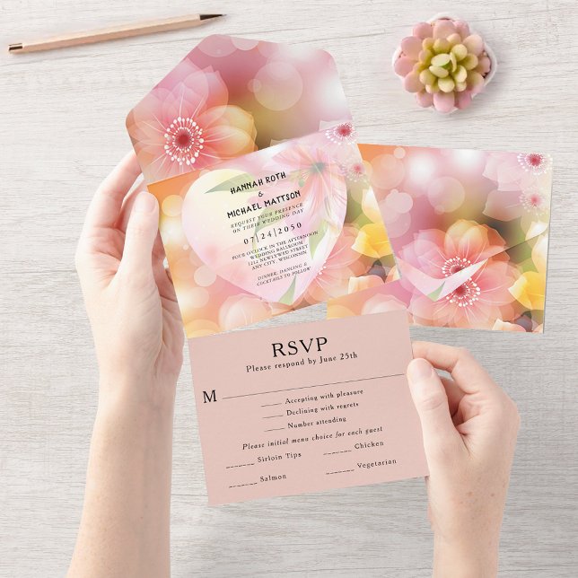 Rosa Orangefarbene Blumen Elegante romantische Hoc All In One Einladung (Pink Orange Floral Elegant Romantic Glow Wedding All In One Invitation)