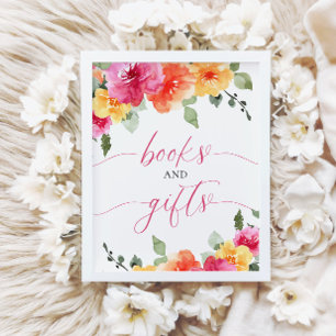 Rosa orangefarbene Blumenbücher und Geschenke Baby Poster