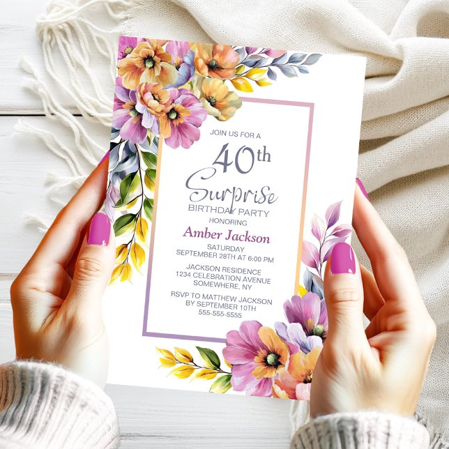 Rosa Orangefarbene Blumenüberraschung 40. Geburtst Einladung (Von Creator hochgeladen)