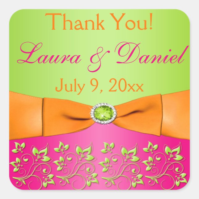 Rosa Orangefarbene Limone florale Gastgeschenk Hoc Quadratischer Aufkleber (Vorderseite)