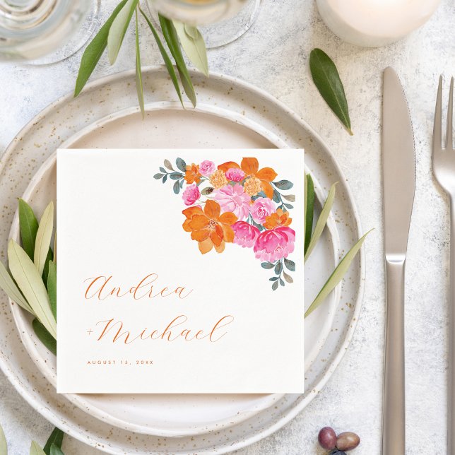 Rosa Orangefarbene Sommerblütenhochzeit Serviette (Von Creator hochgeladen)