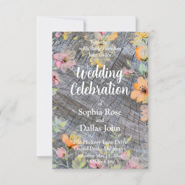 Rosa orangefarbene Wildblumen rustikales Holzmuste Einladung (Vorderseite)