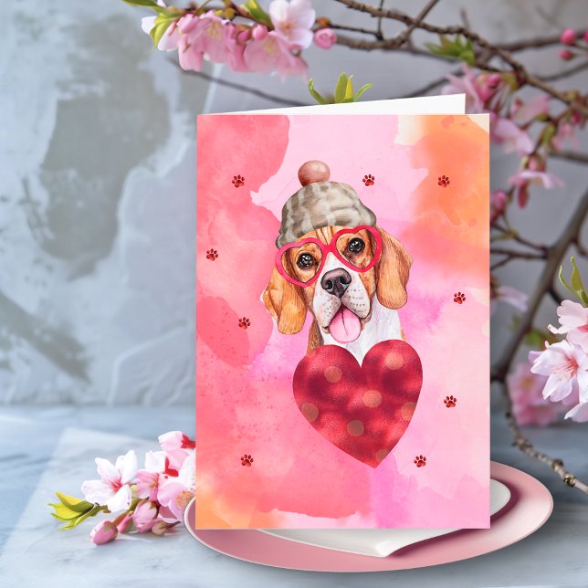 Rosa orangefarbener Beagle Valentinstag Karte (Von Creator hochgeladen)