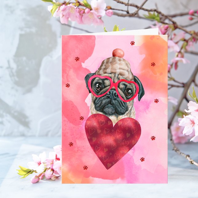 Rosa orangefarbener Mops Valentinstag Karte (Von Creator hochgeladen)