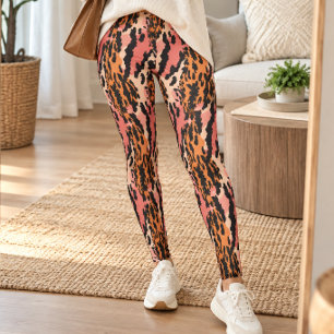 Rosa-orangefarbener Retro-Leopardenprint Leggings