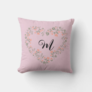 Rosa orangefarbenes Blumen- und Grünherz-Monogramm Kissen