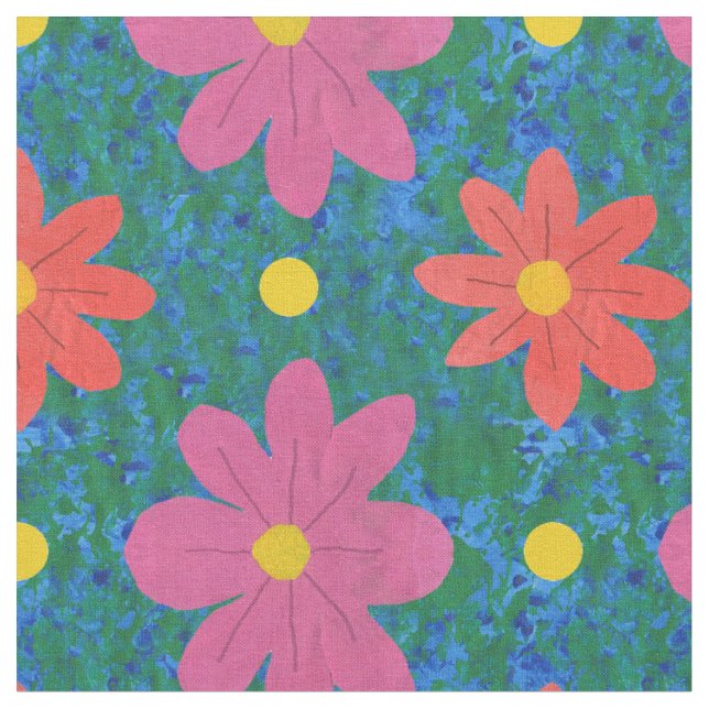 Rosa Orangen Blume Polka Dosen, blaugrüne Stoffe (Nahaufnahme)