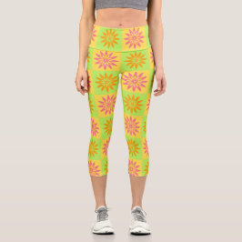 Rosa Orangen-Blumenmuster Capri Leggings