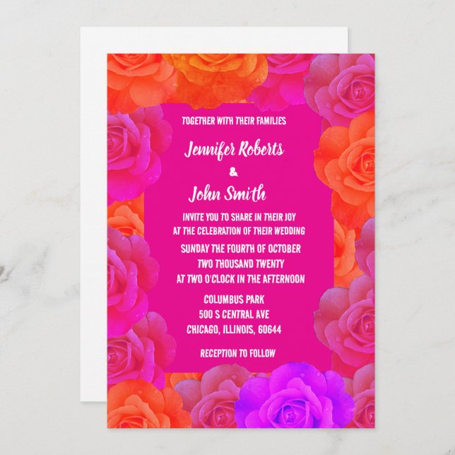 Rosa Orangen Lila-florale QR-Code-Rose Hochzeiten Einladung (Vorne/Hinten)