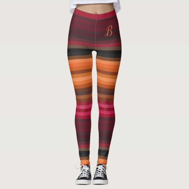Rosa Orangenbraun, graue Streifen Monogramm Leggings (Vorderseite)