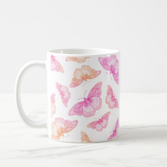 Rosa Orangenschmetterlingsmuster Kaffeetasse (Links)