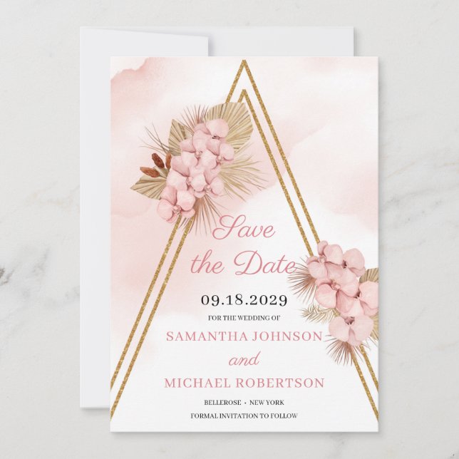 Rosa Orchid Imitate Goldener Arch und getrocknete  Save The Date (Vorderseite)