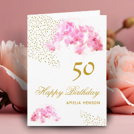 Rosa Orchid Watercolor Gold Glitzer 50. Geburtstag Karte