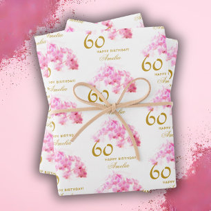 Rosa Orchid Watercolor Gold Glitzer 60. Geburtstag Geschenkpapier Set