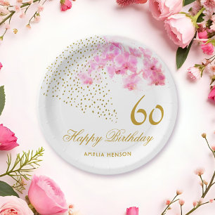 Rosa Orchid Watercolor Gold Glitzer 60. Geburtstag Pappteller