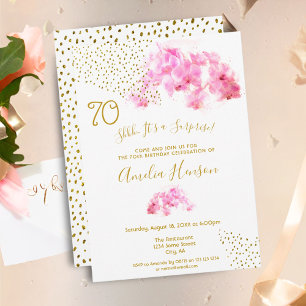 Rosa Orchid Watercolor Gold Glitzer 70. Geburtstag Einladung