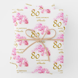 Rosa Orchid Watercolor Gold Glitzer 80. Geburtstag Geschenkpapier Set