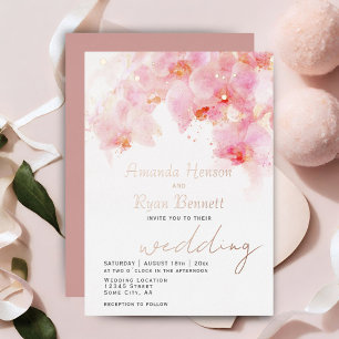 Rosa Orchideen-Aquarell-Blumen-Hochzeit-Roségold Folieneinladung
