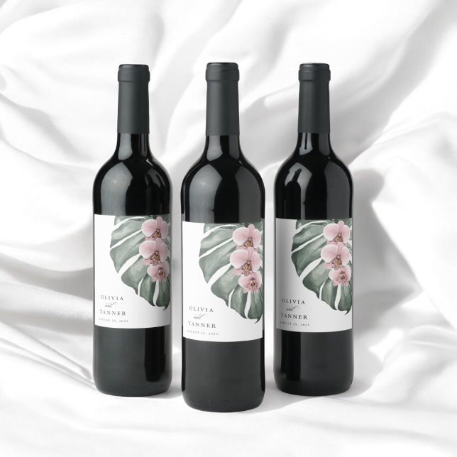 Rosa Orchideen auf der Monstera Tropical Paradise  Weinetikett (Von Creator hochgeladen)