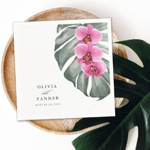 Rosa Orchideen auf der Monstera Tropische Hochzeit Serviette