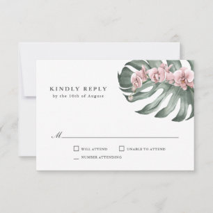 Rosa Orchideen auf Monstera Tropical Wedding RSVP