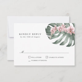 Rosa Orchideen auf Monstera Tropical Wedding RSVP Karte