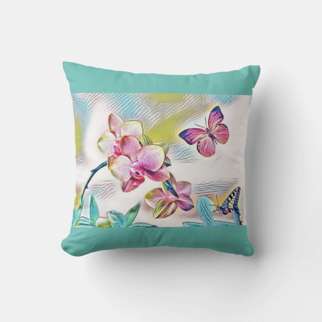 Rosa Orchideen Blume und Schmetterlinge Kissen (Vorderseite)