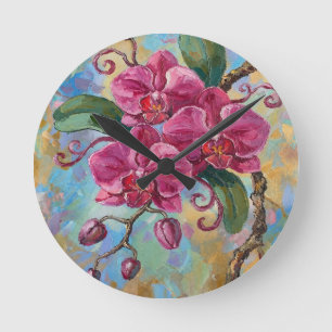 Rosa Orchideen-Blumenmalerei Runde Wanduhr