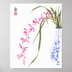 Rosa Orchideen in blau-weißer Vase Aquarell-Kunst Poster