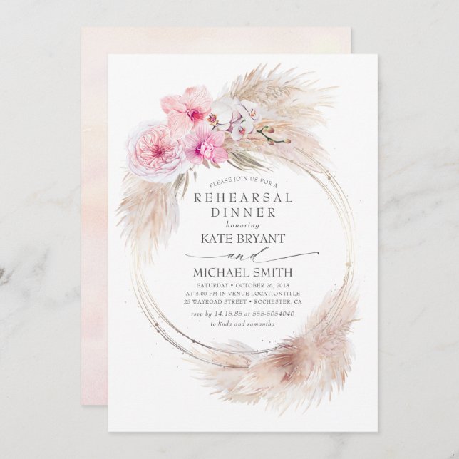 Rosa Orchideen und Pampas Grass Probe Abendessen Einladung (Vorne/Hinten)
